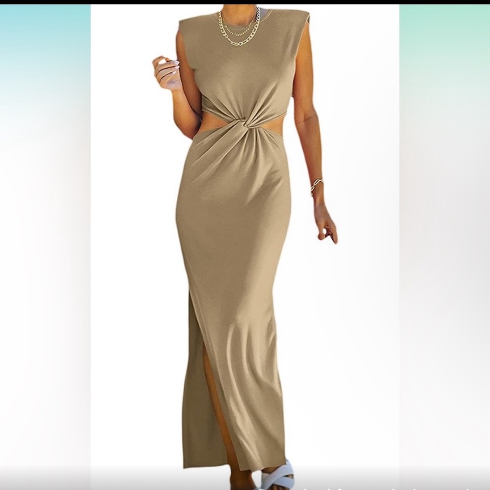 #154 Women Side Cutout Padded Shoulder Long Bodycon Sleeveless Dress